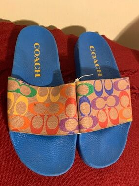 Coach Multicolor Signature Slides with Blue Footbed
